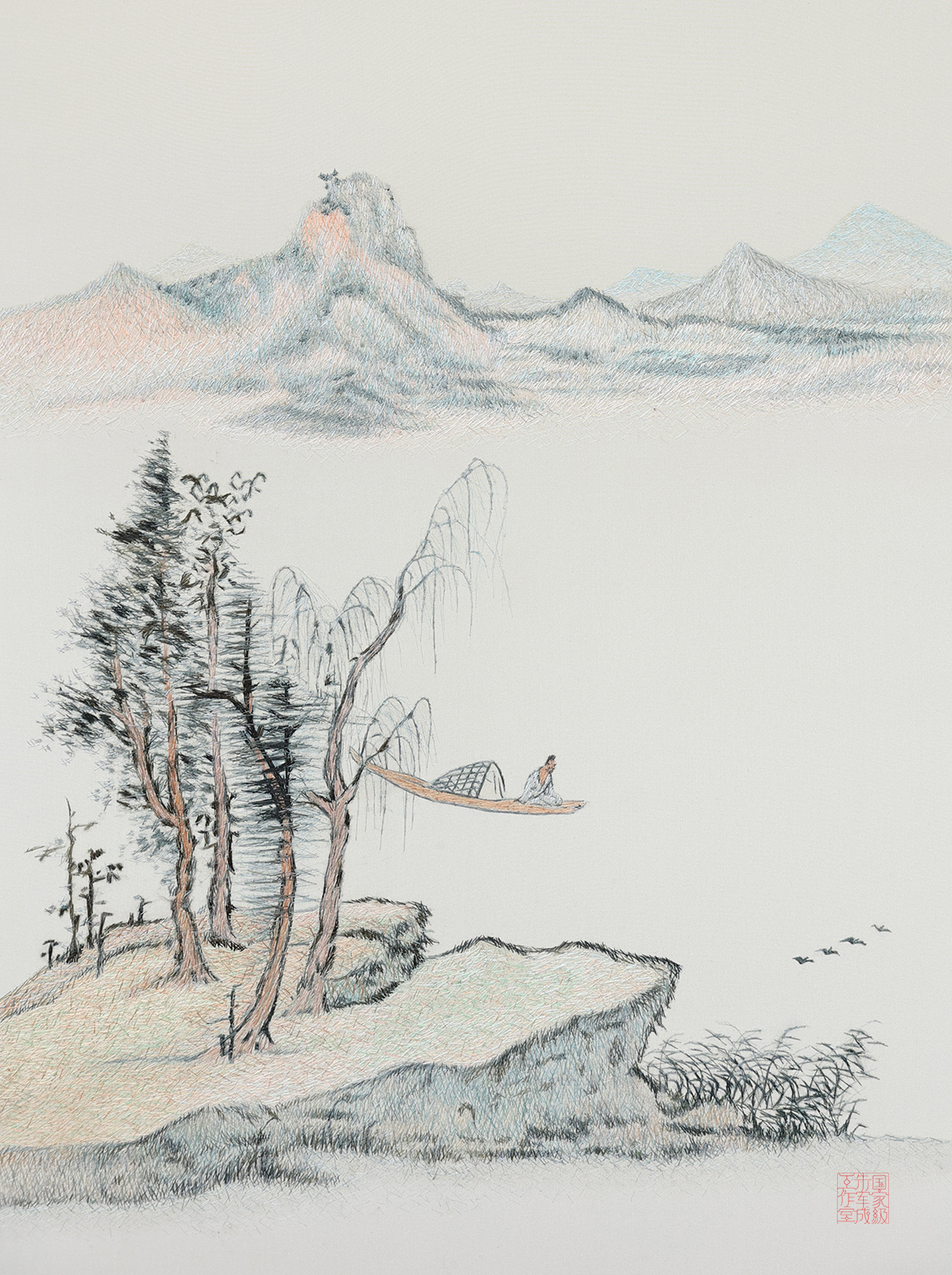 蓝瑛仿古山水画刺绣：技艺与艺术的完美融合，扬州市礼好一然绣研究院国家级朱军成技能大师工作室绣制.jpg