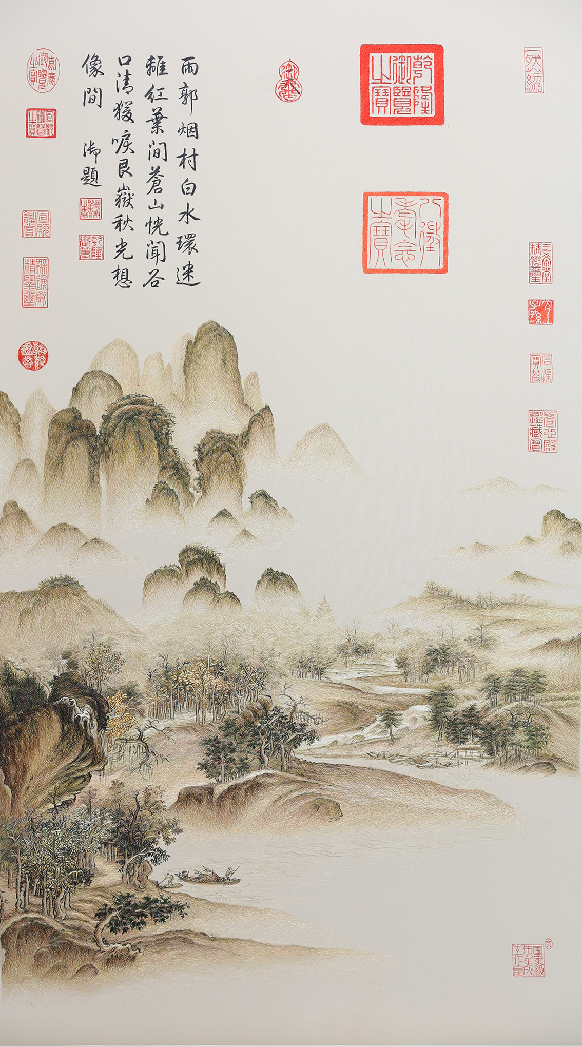 北宋赵佶溪山秋色图刺绣，扬州市礼好一然绣研究院国家级朱军成技能大师工作室的匠心之作.jpg