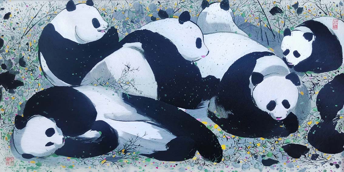 2003年礼好绣院绣制吴冠中作品，艺术与交流的完美融合，朱军成和清华美院副院长卢新华院长助理张世川-大熊猫1.jpg
